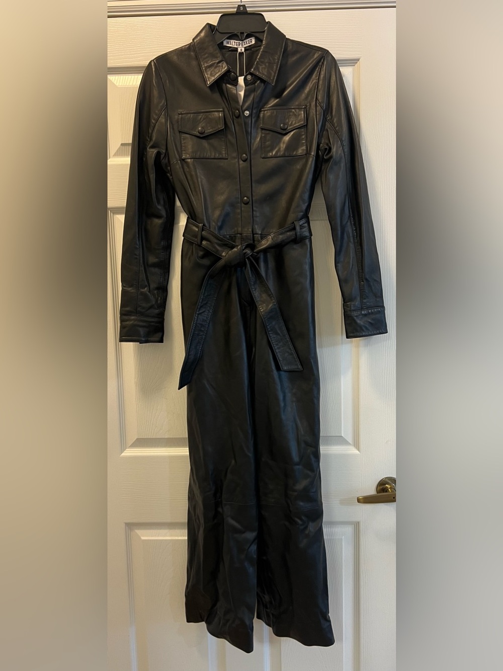 NWT Walter Baker Women's Genuine Black Lambskin Leather Belted Jumpsuit Size 6